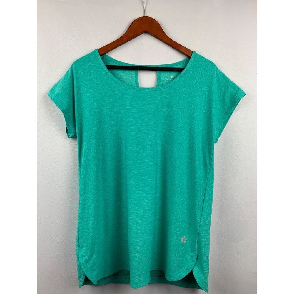 Tuff Athletics Womens Turquoise Athletic Top Loose Fit Keyhole Back Moisture Wic